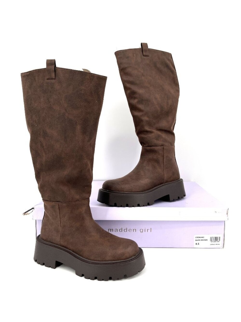 Madden Girl Crow Crow Boots Dark Brown 8.5M Wide Calf Platform Lug Sole Tall